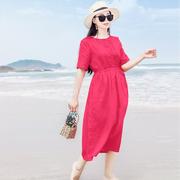 夏季蓝色沙滩裙短袖蕾丝亚麻，连衣裙女中长款海南泰国旅游棉麻裙子
