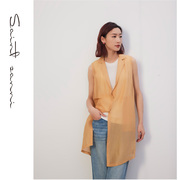 圣轩尼春夏开衫西服领桑蚕丝亚麻中长款无袖女士衬衫GQ878