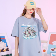 蓝色T恤猫咪女夏季圆领2023韩版宽松短袖夏高街潮牌情侣印花