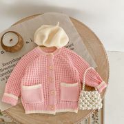 春秋季女童宝宝婴幼儿童衣服，毛衣半镂空粉色针织棉纱长袖开衫外套