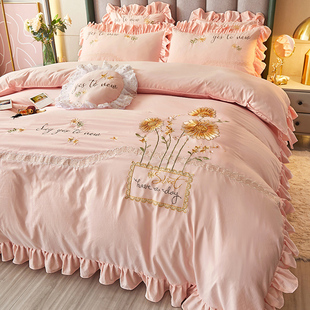 欧式床盖四件套夹棉床单，简约刺绣花被套纯色1.8m床上用品四季通用
