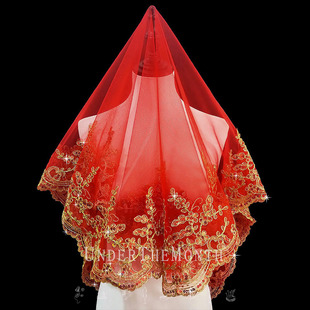 中式婚礼新娘结婚红盖头，半透明头纱软纱秀禾服喜帕中国风头纱头饰