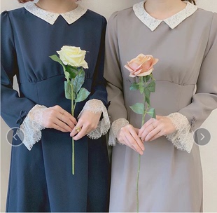 fint春夏蕾丝领和袖小礼服正式场合西装深蓝色，连衣裙日本原单