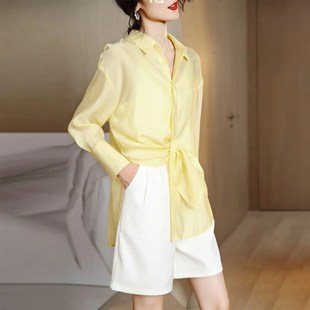 气质黄色防晒衬衫女长袖夏装宽松百搭薄开衫微透防晒外套上衣