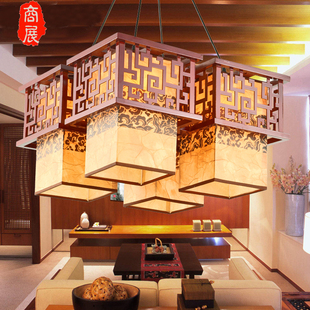 新中式实木羊皮吊灯长方形餐厅灯具饰简约现代中国风茶室古典火锅