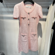 sp原法式春夏粉红色亮片，小香风短袖，针织连衣裙blingbling收腰短裙