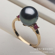 10-11mm大溪地黑珍珠戒指 18K金镶嵌红宝石海水黑珍珠戒指 正圆