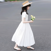 2024夏装女童白色法式拼接女神范连衣裙少女收腰显瘦气质长裙