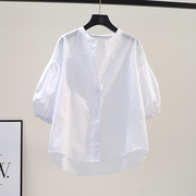 纯棉立领白色衬衫女夏季2022宽松韩版设计感小众娃娃衫灯笼袖衬衣