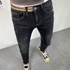 牛仔裤男2023春夏款黑色腰间织带装饰潮流男士小脚裤修身弹力长裤