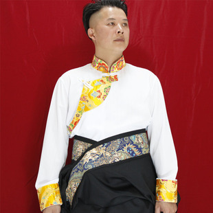 藏族白色衬衣男锅庄舞上衣表演服复古斜扣休闲日常生活装藏服