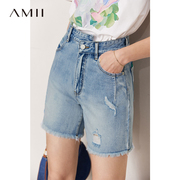 Amii2024夏做旧刷白毛边破洞浅蓝色牛仔蓝中腰全棉牛仔短裤