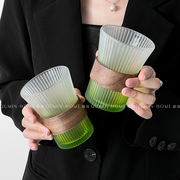 趣皿*竖纹玻璃杯渐变绿小众家，用水杯子轻奢挂耳咖啡杯果汁奶茶杯