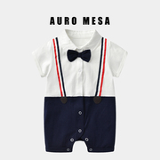 AuroMesa婴儿假背带学院风哈衣男宝夏季短袖前开扣绅士连体衣爬服