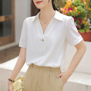 白色雪纺衬衫女款夏季2023设计感宽松职业装，v领上衣短袖衬衣
