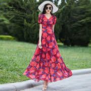 红色时尚减龄连衣裙夏季2024韩版收腰显瘦气质大花朵雪纺长裙