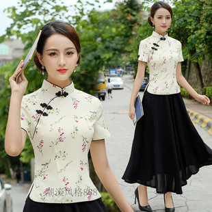 夏季新式中国民族风少女装改良两件套装唐装，复古旗袍上衣茶汉服女