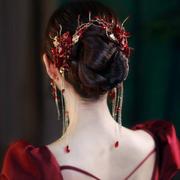 新娘红色对夹发饰侧边气质，敬酒服头饰结婚礼服旗袍中式秀禾配饰品