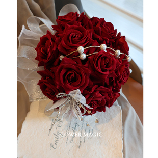 玫瑰花球手捧花酒红色，珍珠流苏水晶，闪喜庆新娘结婚礼摄影道具
