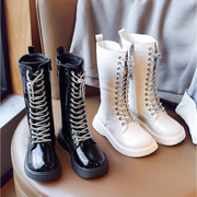 2023春秋韩版女童高筒，亮漆皮靴子中大儿童，亮钻加绒保暖长筒靴白色