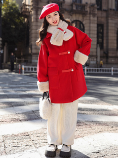 新年战袍女童呢子大衣冬装女孩加厚洋气圣诞年服儿童红色毛呢外套