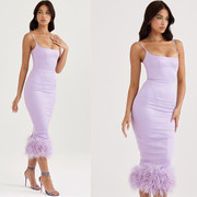 2022年夏季浅紫色中长款调节吊带羽毛摆气质休闲连衣裙聚会礼