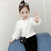 女童长袖t恤春装2024韩版纯棉白色中大童洋气加绒蕾丝打底衫