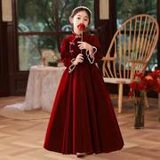 女童礼服高端红色丝绒儿童公主裙秋冬小女孩国风主持人钢琴演出服