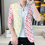 夏季七分袖小西装外套男韩版修身格子高品质单西服(单西服)韩版中袖镂空薄