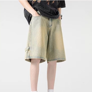 夏季潮男美式复古做旧牛仔短裤小众潮牌高街设计感拉链休闲五分裤