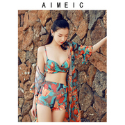 AIMEIC印花长袖防晒外披分体比基尼泳装女带钢托泳衣三件套