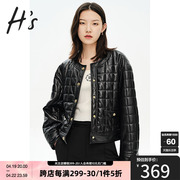 hs奥莱2023秋季女装商场，同款黑色简约蛋白皮，绗缝潮酷外套棉衣