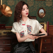 新中式刺绣缎面短袖衬衫女夏装设计感宽松盘扣立领衬衣马面裙上衣