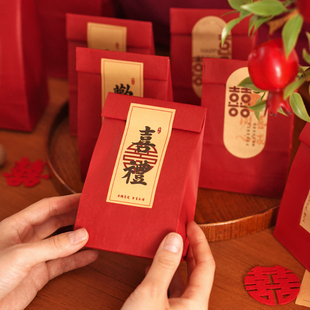 中式结婚复古牛皮纸喜糖盒袋子，红色中国风盒子中式婚礼吾家有喜