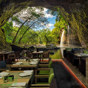 3d立体创意墙纸大自然森林风景网红餐厅烧烤壁画山洞延伸视觉壁纸