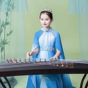女童汉服蓝色儿童水袖古筝演出服，中国风女大童古典舞表演改良汉服