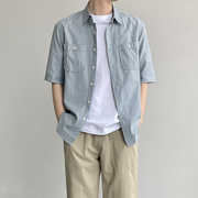 纯棉竖条纹短袖衬衫潮流男士韩版经典细格纹衬衣夏季青年上衣