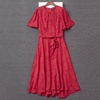 雪纺外贸单春夏女装圆领荷叶，袖腰带红色，立体浮雕提花连衣裙