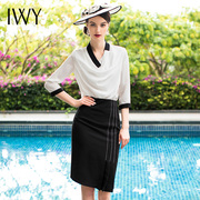 iwy时尚气质职业套装女夏季黑白拼接领口衬衫套裙职场休闲装