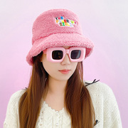 正版飞天小女警粉色羊羔绒渔夫帽学生保暖毛绒遮阳女生卡通粉红帽