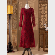 连衣裙红色礼服长袖喜婆婆婚宴装结婚礼服妈妈洋气高贵高端刺绣