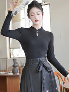 配马面裙的长袖黑色T恤旗袍上衣搭配上班可穿秋季套装新中式女装