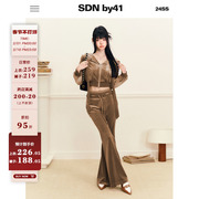 SDNby41 丝绒系列 短款收腰丝绒连帽外套+拼接蕾丝中腰喇叭裤套装