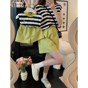 韩版亲子装童装夏季母女母子装撞色简约条纹无袖T+男女童短裤套装