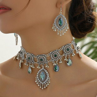 欧美时尚中东名族风复古镂空滴穗气质夸张女项链，耳环首饰套装0122