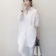 韩国东大门2024年春季纯棉宽松bf风中长款白色衬衫，大码长袖衬衣女
