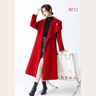 2023秋冬女士双面羊绒，大衣红色羊毛外套长款过膝宽松咖色加厚