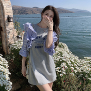 2022夏季韩版设计感拼接蓝条泡泡袖减龄字母休闲卫衣短裙