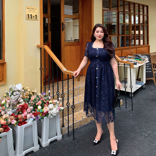 glec大码女装高端轻奢名媛蓝色，法式方领水溶蕾丝胖妹妹显瘦连衣裙