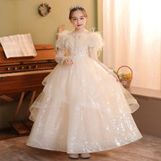 女童公主裙花童婚纱晚礼服小女孩儿童主持人钢琴演出服长袖冬款
